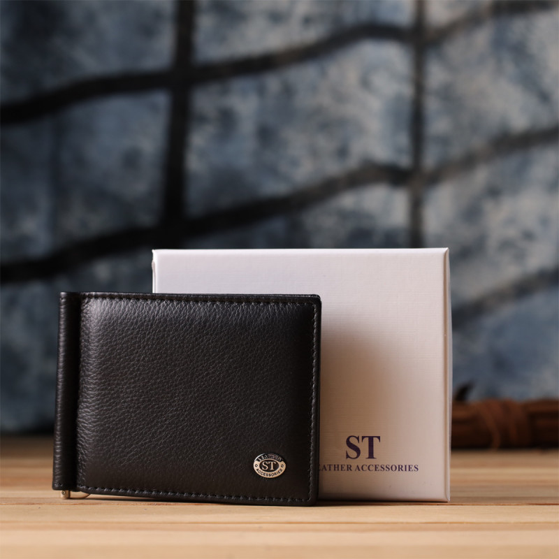 Мужской кошелек с металлическим зажимом из натуральной кожи ST Leather Черный