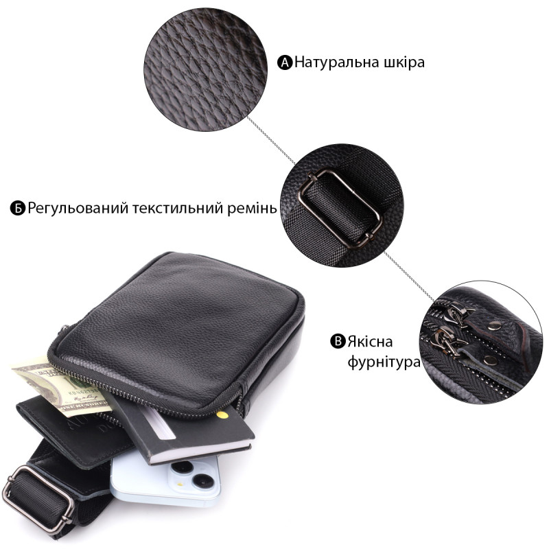 Сумка-слинг для мужчин из натуральной кожи Vintage Черный