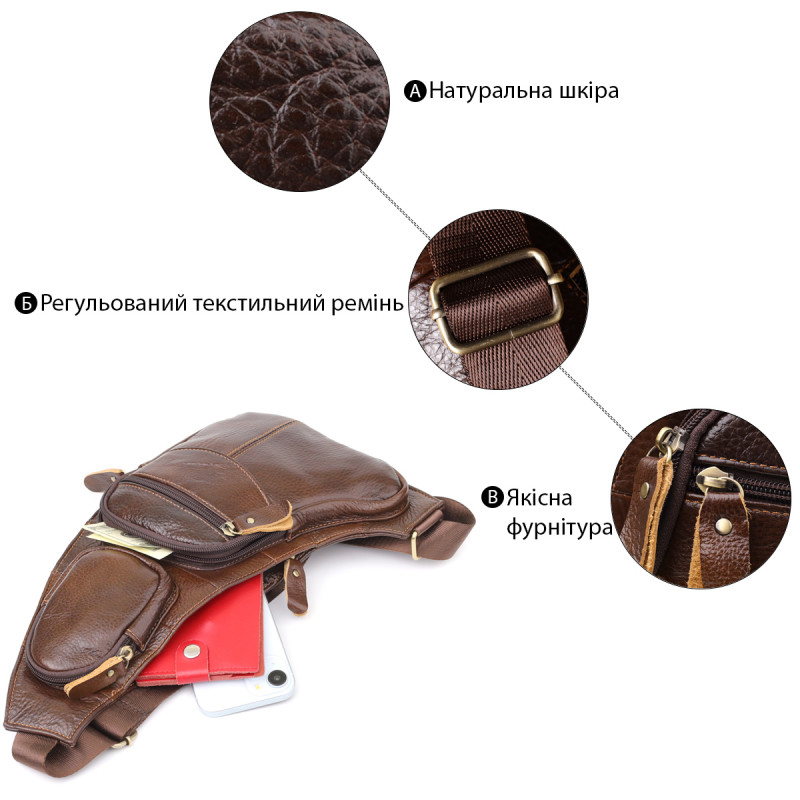 Сумка для чоловіків з великою кількістю кишень із натуральної шкіри Vintage Коричневий