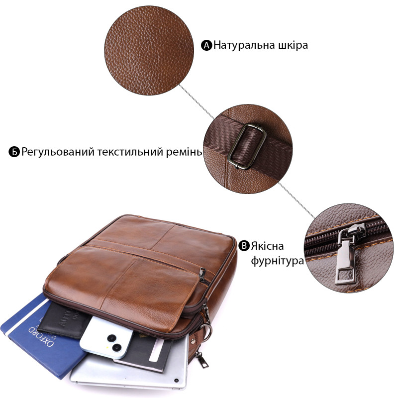 Сумка для чоловіків з ручкою для перенесення в руці з натуральної шкіри Vintage Коричневий