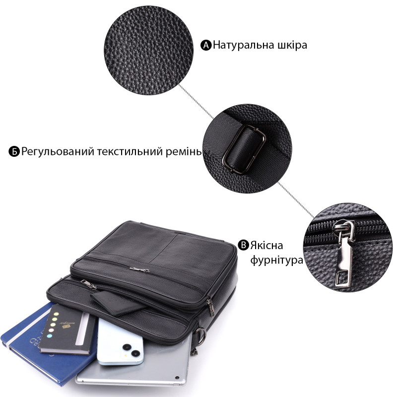 Сумка мужская с ручкой для переноса в руке из натуральной кожи Vintage Черный