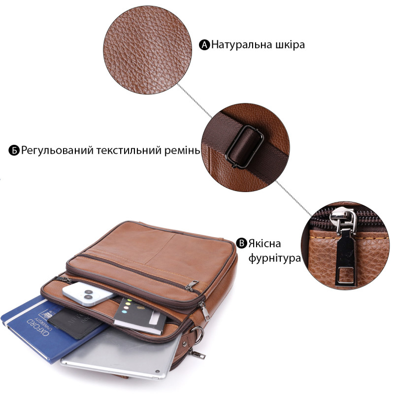 Сумка мужская с ручкой для переноса в руке из натуральной кожи Vintage Светло-коричневый