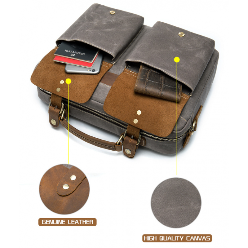 Сумка-портфель мужская текстильная с кожаными вставками Vintage Cерая