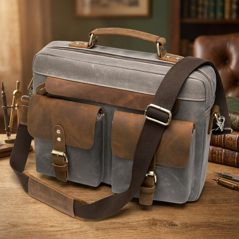 Сумка-портфель чоловіча текстильна з шкіряними вставками Vintage Сіра