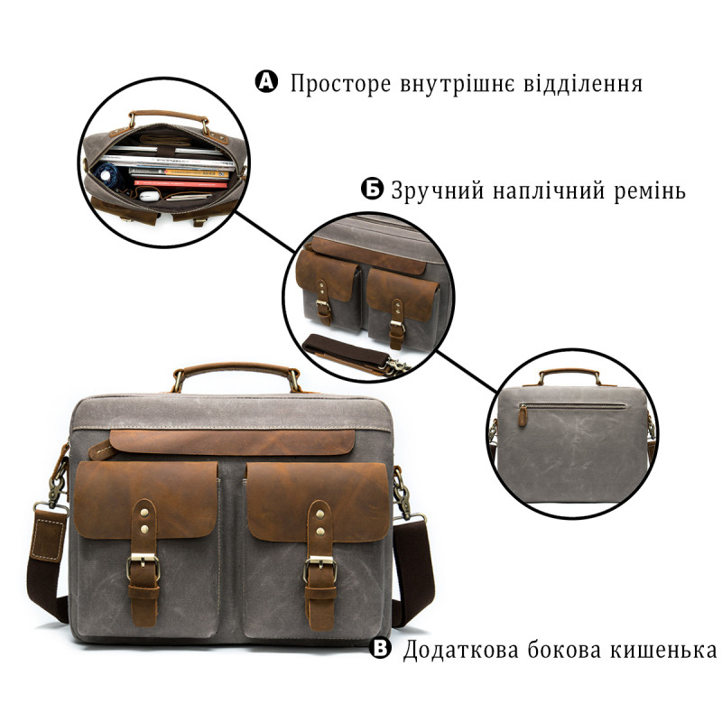 Сумка-портфель мужская текстильная с кожаными вставками Vintage Cерая