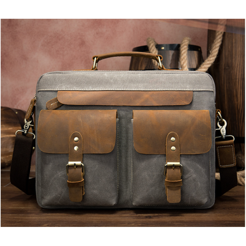 Сумка-портфель мужская текстильная с кожаными вставками Vintage Cерая