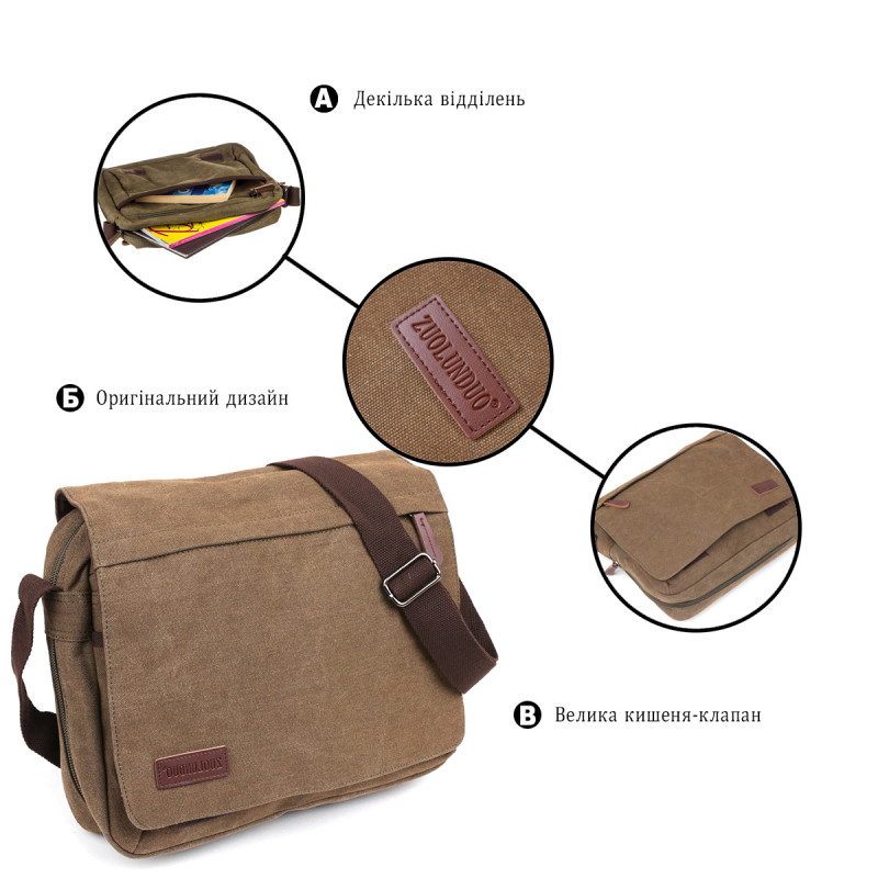 Текстильная сумка для ноутбука через плечо Vintage Оливковая