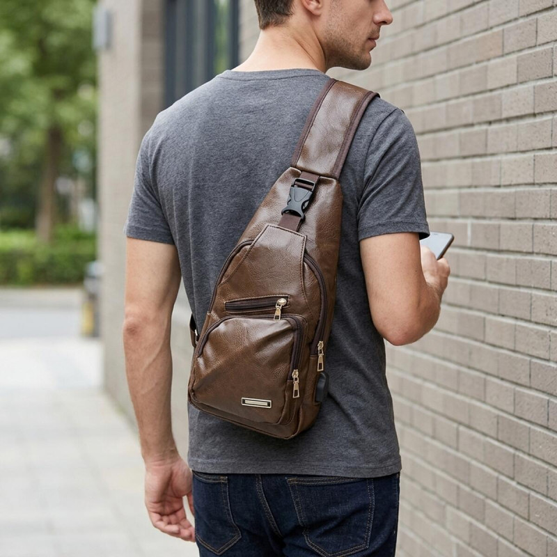 Чоловіча сумка крос боді з екошкіри для документів та міста Vintage Коричнева