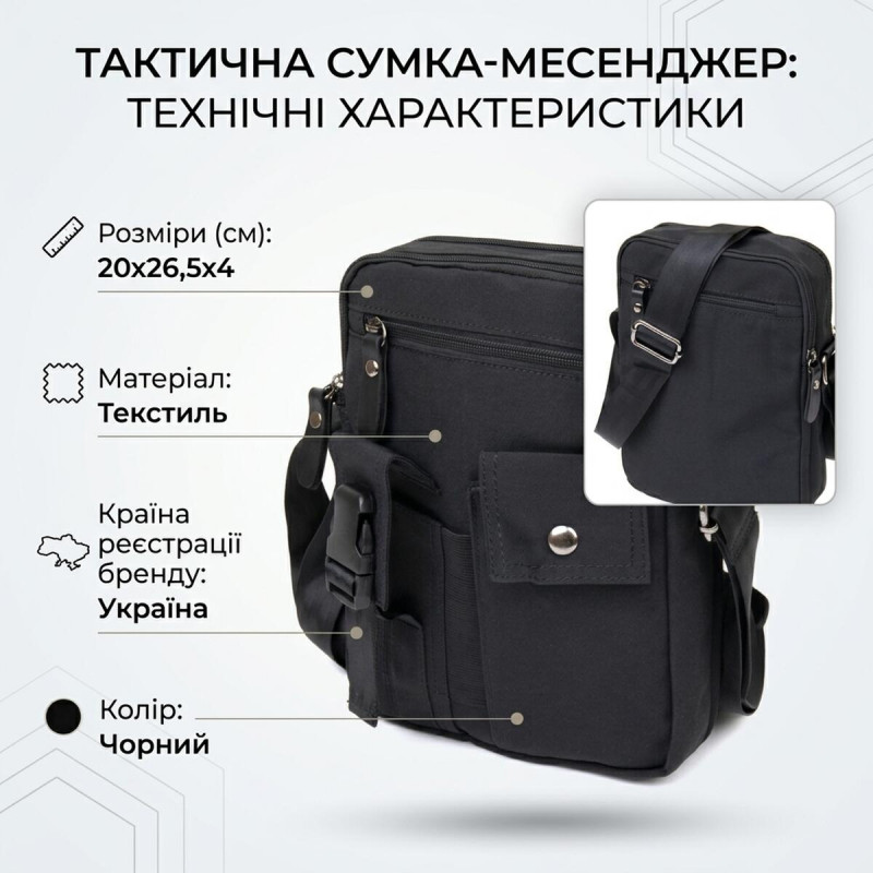 Текстильна сумка через плече для документів та міста Vintage Чорна