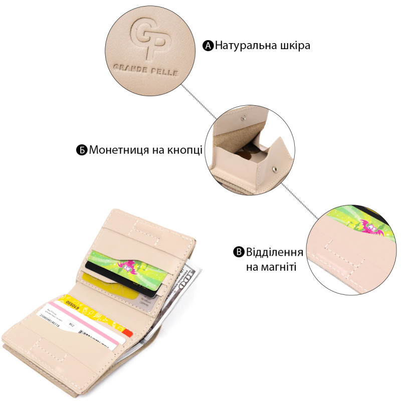 Оригінальне жіноче портмоне з монетницею GRANDE PELLE Бежевий