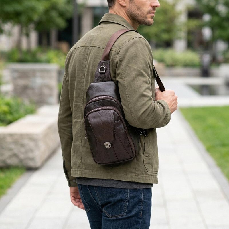 Чоловіча шкіряна сумка через плече для документів та міста Vintage Коричнева