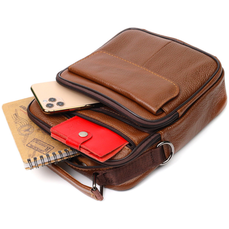 Стильна вертикальна чоловіча сумка із натуральної шкіри Vintage Світло-коричнева