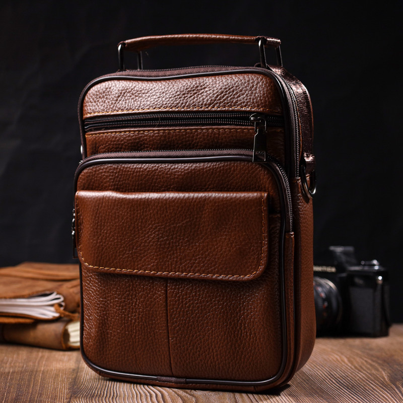 Стильна вертикальна чоловіча сумка із натуральної шкіри Vintage Світло-коричнева