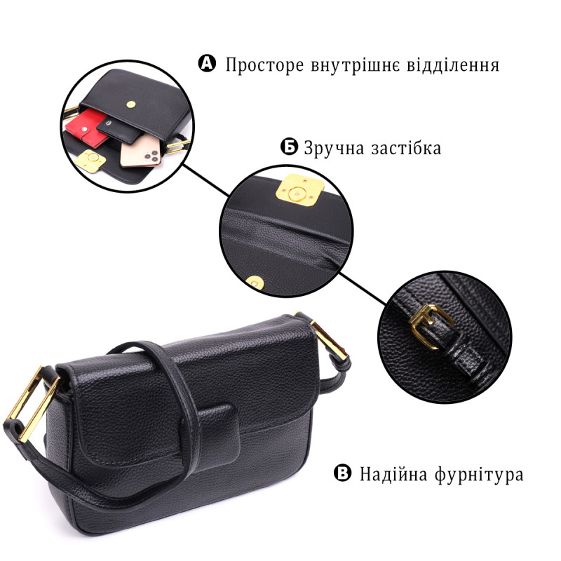 Лаконичная сумка с жестким каркасом из натуральной кожи Vintage Черная