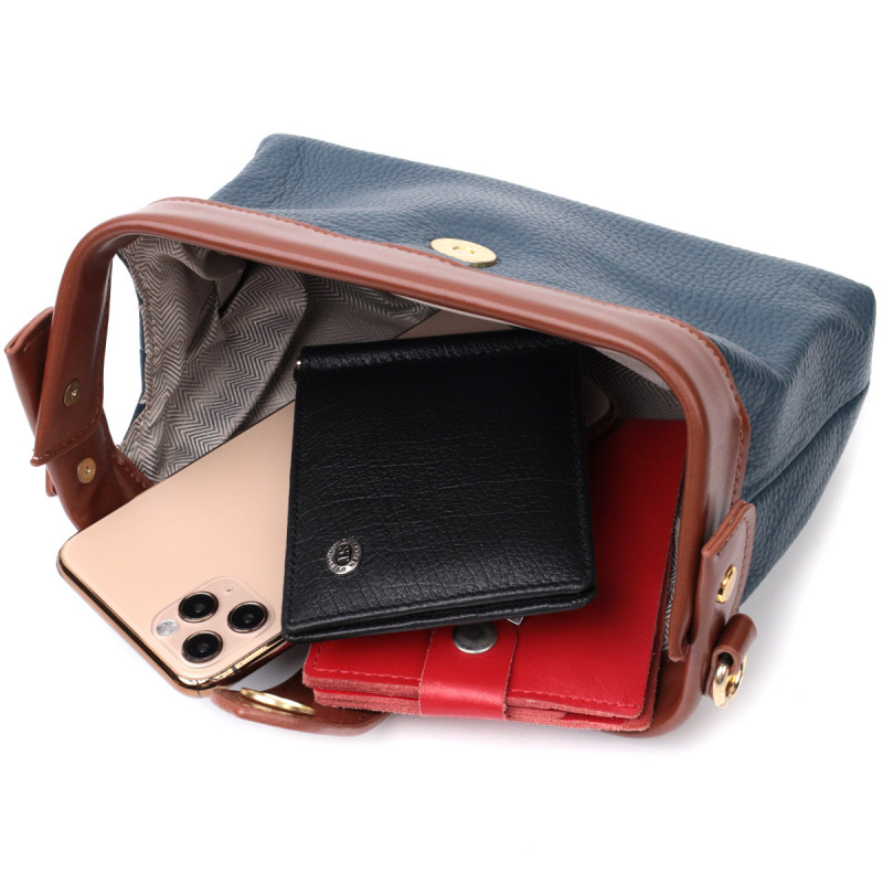 Оригінальний шкіряний клатч у модному кольорі з цікавою клямкою Vintage Синій