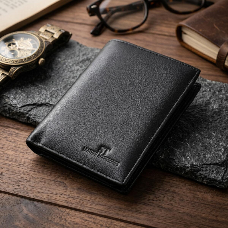 Чоловіче шкіряне портмоне для карток купюр та монет ST Leather Чорне
