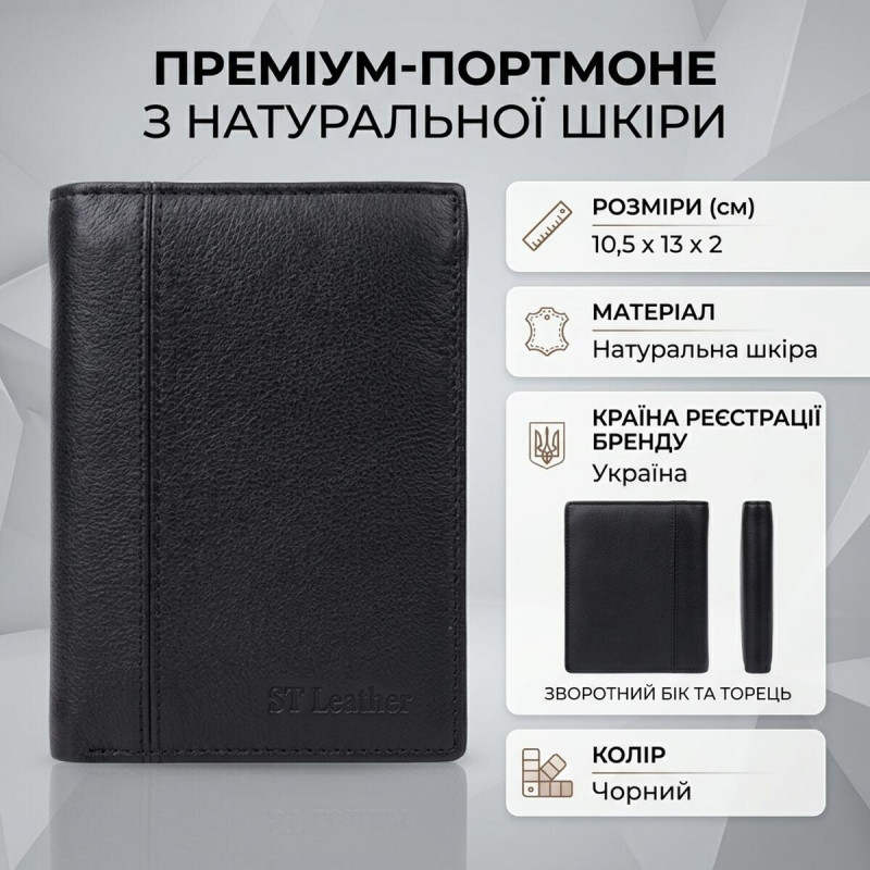 Чоловіче шкіряне портмоне для карток купюр та монет ST Leather Чорне