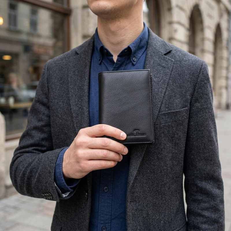 Чоловіче шкіряне портмоне для карток купюр та монет ST Leather Чорне