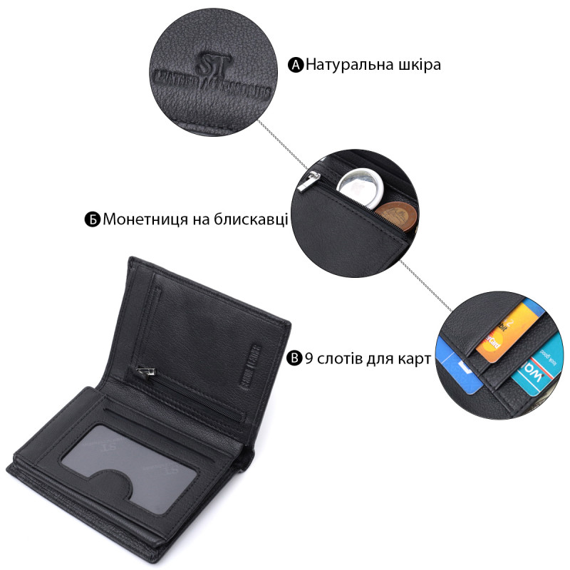Чоловіче шкіряне портмоне для карток купюр та монет ST Leather Чорне