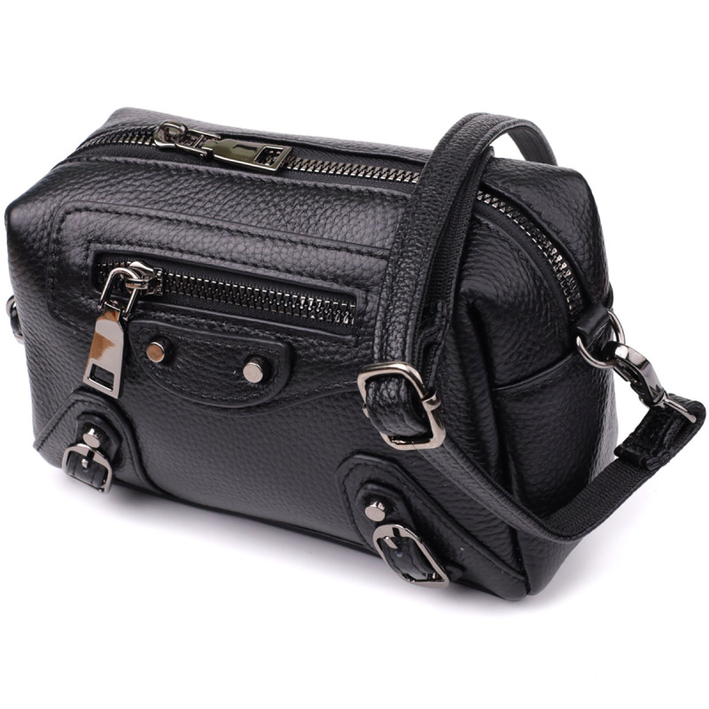 Модна жіноча сумка з натуральної шкіри з актуальним декором Vintage Чорний