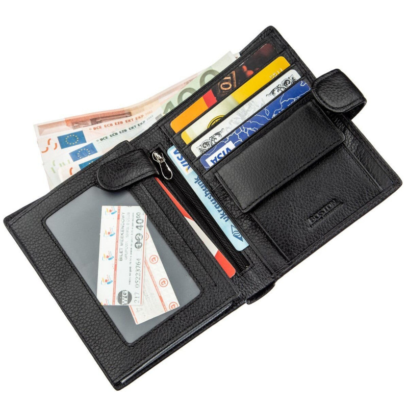 Кожаное мужское портмоне на кнопке Boston Черный