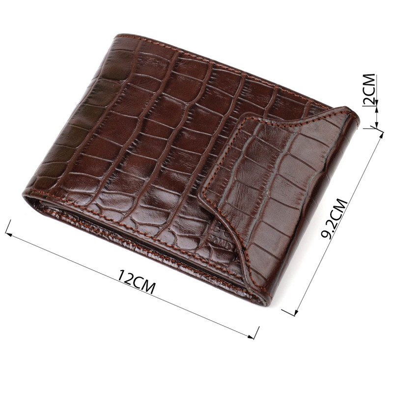 Фактурный мужской бумажник из натуральной кожи с тиснением под крокодила с интересной застежкой BOND Коричневый