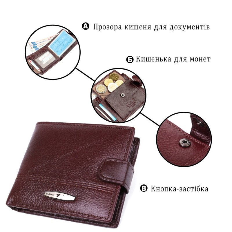 Кошелек мужской со встроенной визитницей кожаный TAILIAN Коричневый