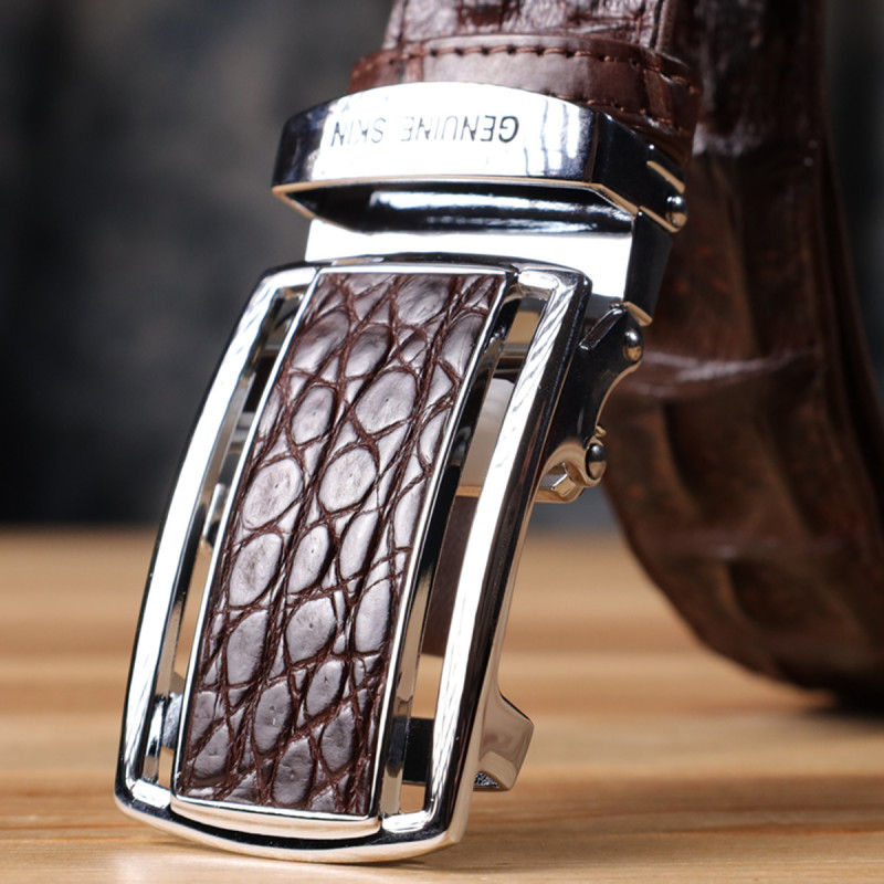 Ремень-автомат CROCODILE LEATHER из натуральной кожи крокодила (каймана) Коричневый