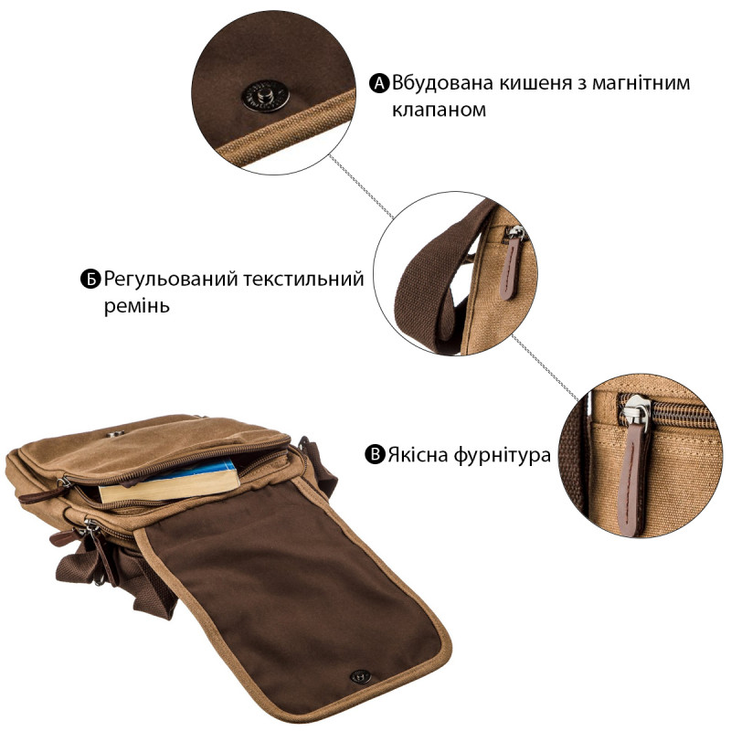 Универсальная текстильная мужская сумка на два отделения Vintage Коричневая