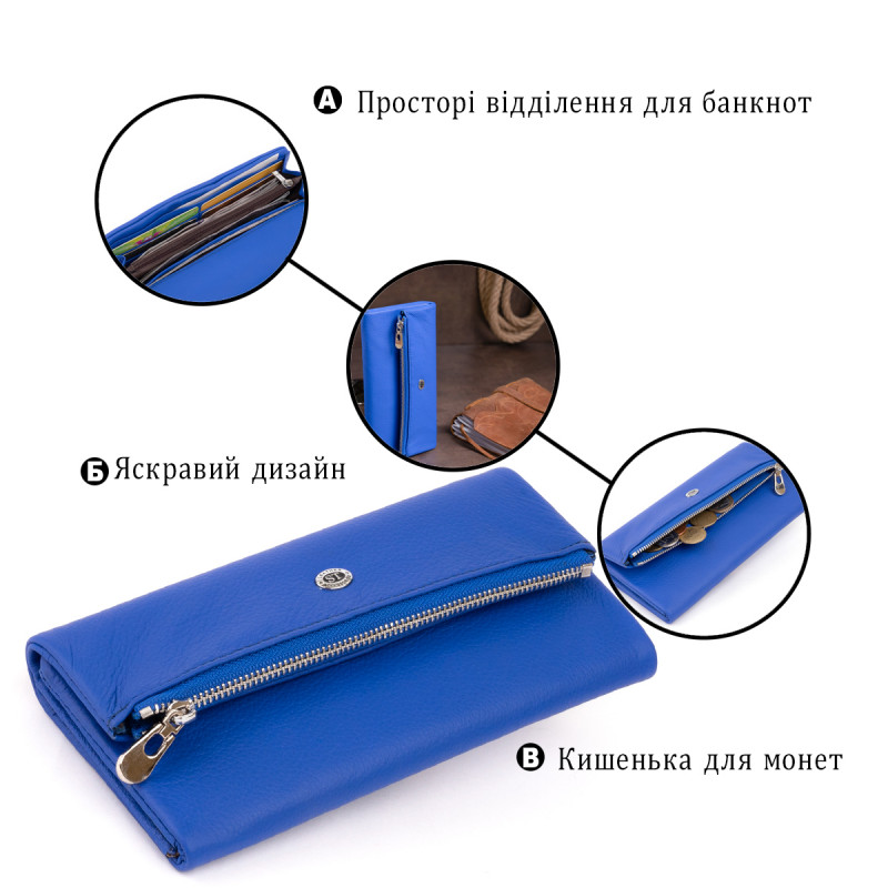 Клатч конверт с карманом для мобильного кожаный женский ST Leather Синий