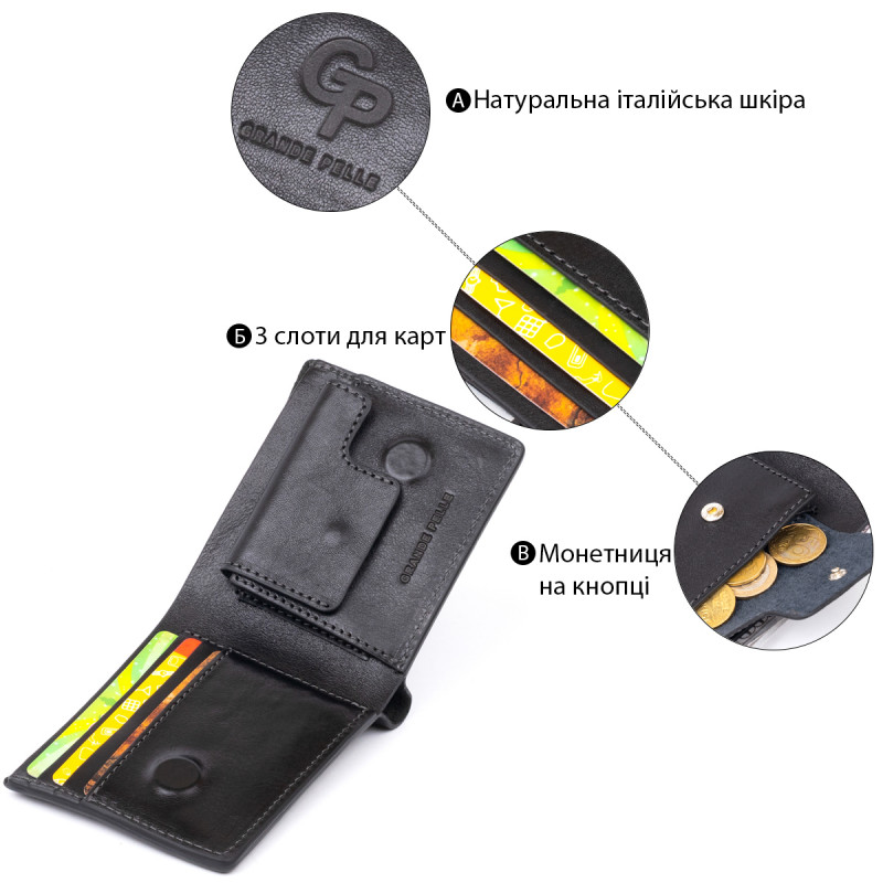 Портмоне вертикальне з круглим магнітом на два відділення GRANDE PELLE Чорне