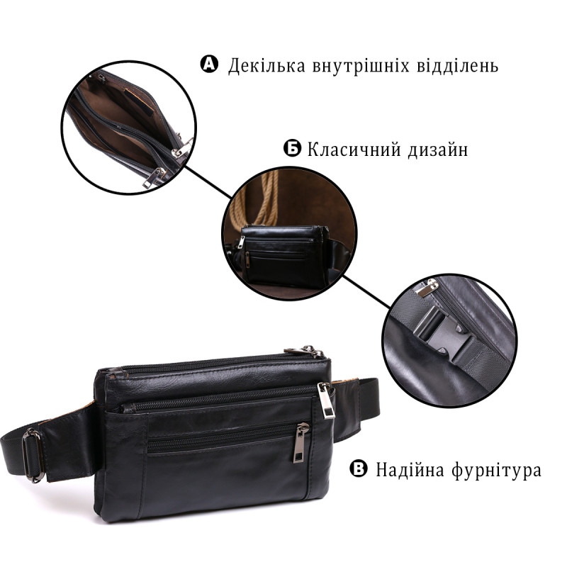 Мужская сумка на пояс из натуральной кожи Vintage Черный