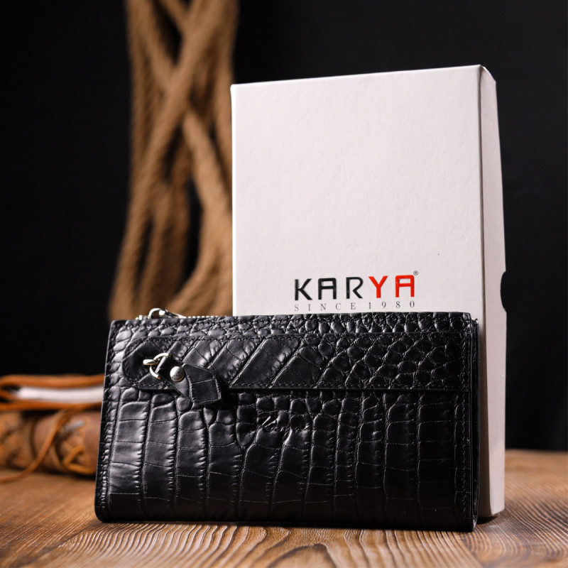 Оригинальный складной бумажник из натуральной кожи с тиснением под крокодила KARYA Черный