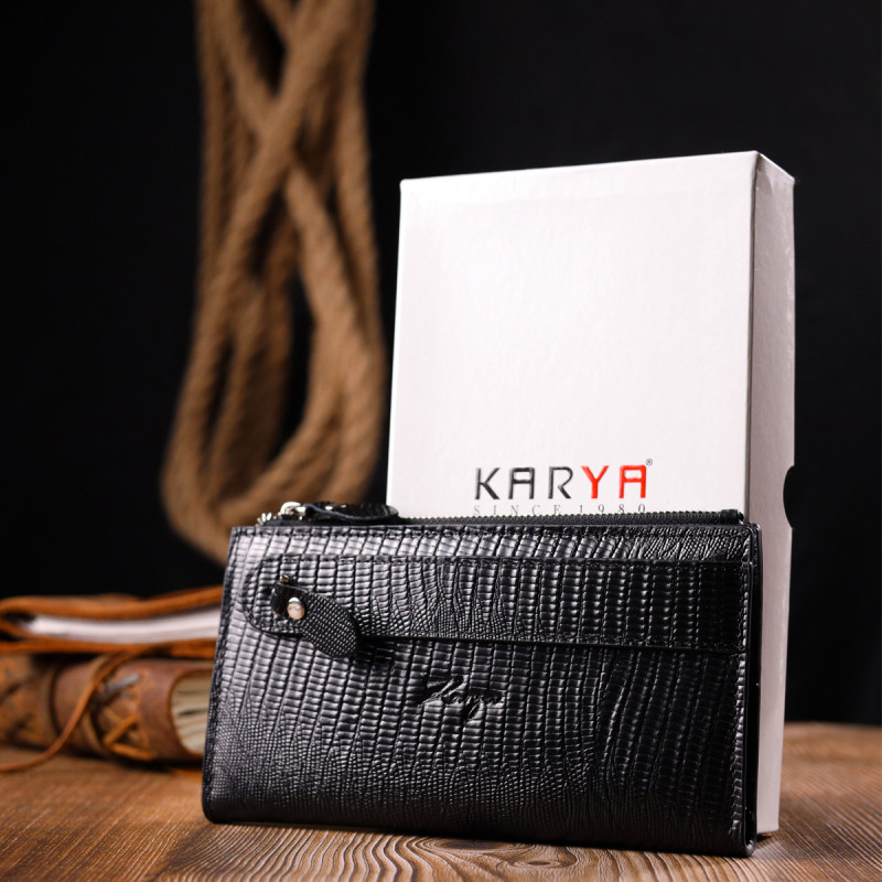 Современный складной бумажник из натуральной фактурной кожи KARYA Черный
