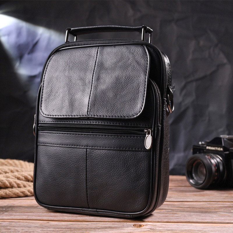 Практичная мужская кожаная сумка Vintage Черная