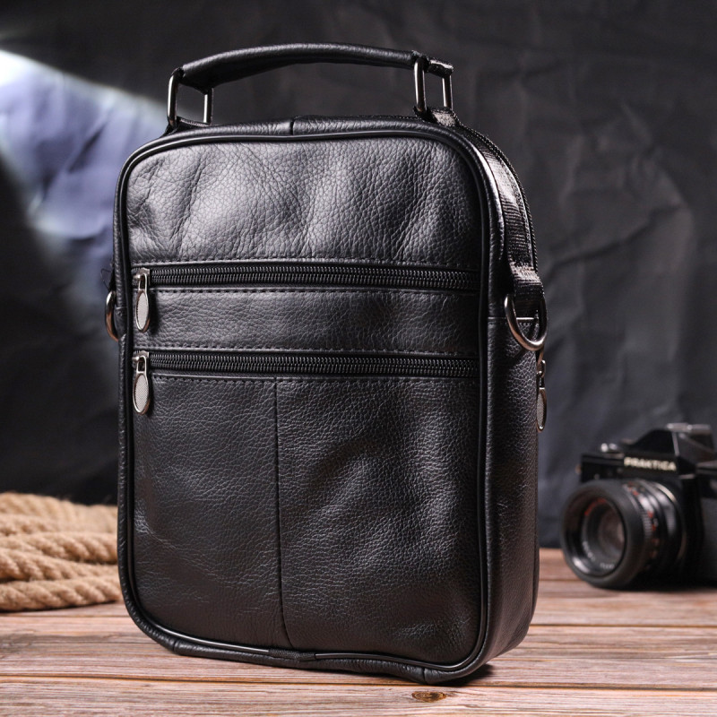 Практичная мужская кожаная сумка Vintage Черная