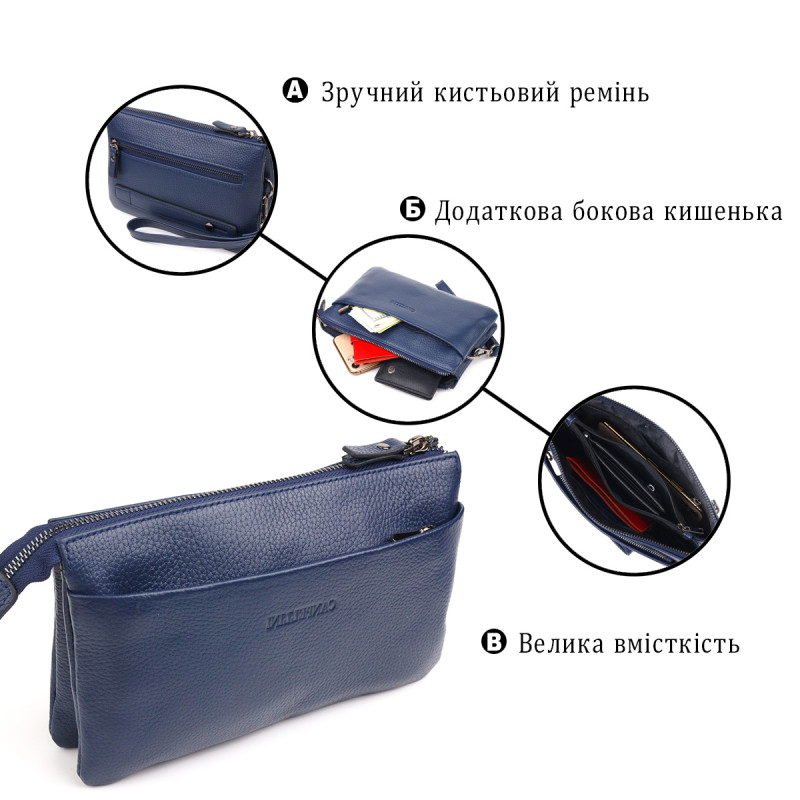 Оригінальний чоловічий клатч із натуральної зернистої шкіри CANPELLINI Синій