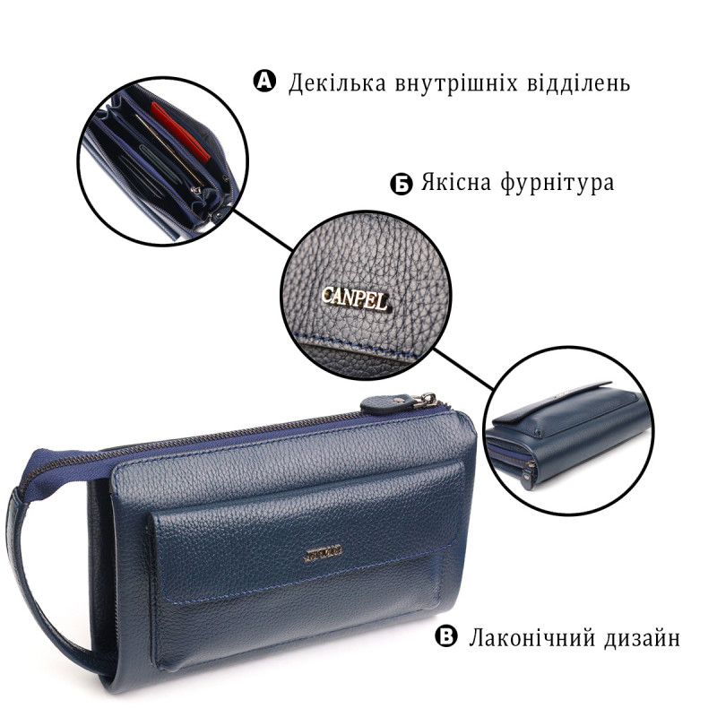 Современный мужской клатч из натуральной зернистой кожи CANPELLINI Синий