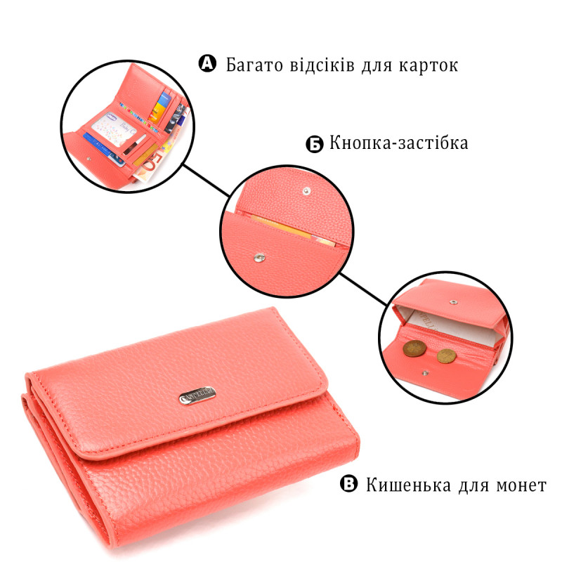 Стильный молодежный кошелек из натуральной кожи флотар CANPELLINI Коралловый