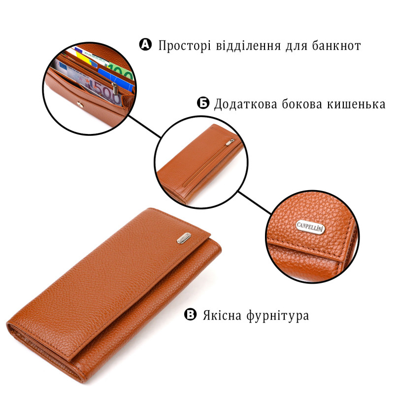 Надежный женский кошелек из натуральной зернистой кожи CANPELLINI Коричневый
