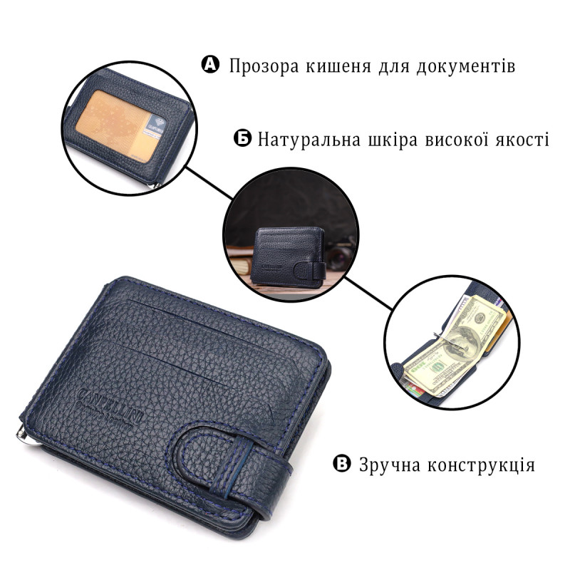 Надежный мужской зажим для денег из натуральной кожи флотар CANPELLINI Синий