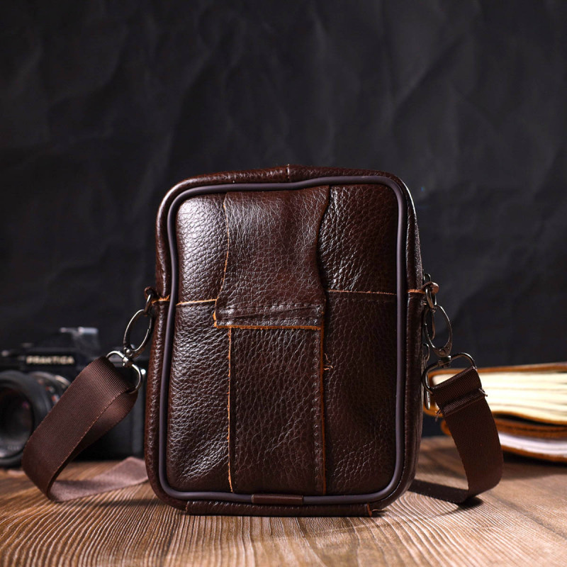 Компактная сумка мужская на пояс из натуральной кожи Vintage Коричневая