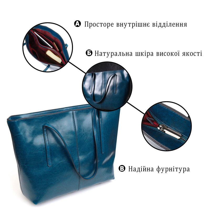 Красива сумка шоппер із натуральної шкіри Vintage Бірюзова
