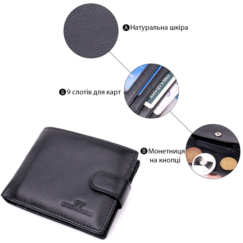 Горизонтальный мужской бумажник из натуральной кожи ST Leather Черный