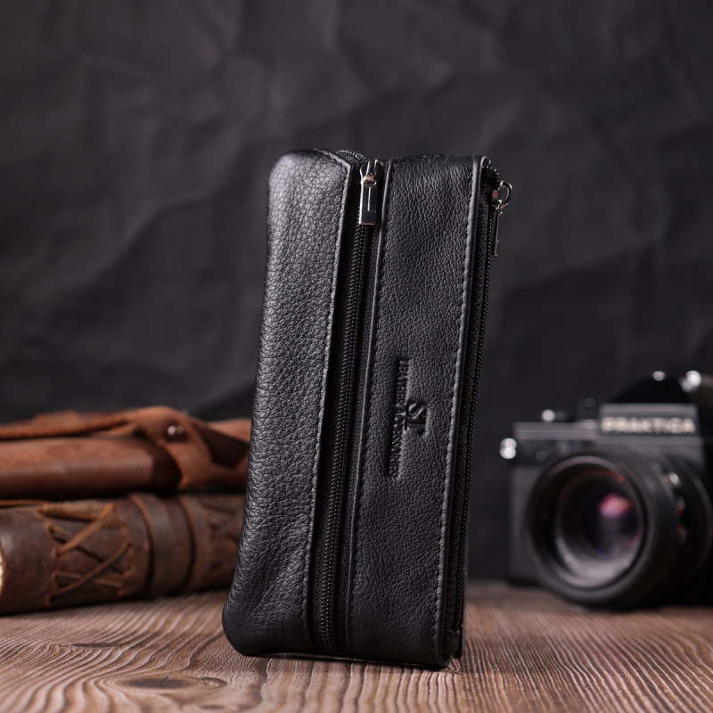 Вместительная кожаная ключница на молнии ST Leather Черный