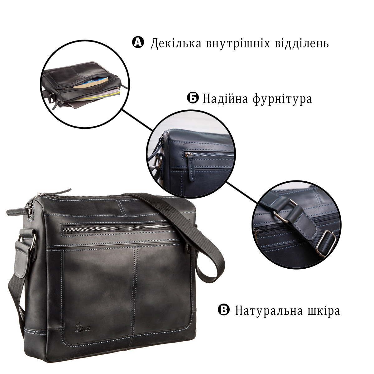 Деловая мужская кожаная сумка на плечо SHVIGEL Черная