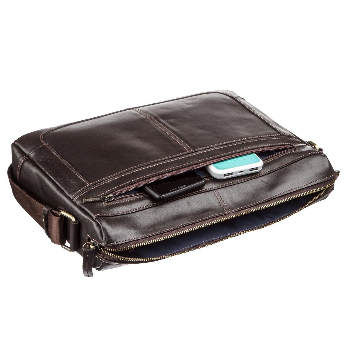 Ділова чоловіча сумка з гладкої шкіри на плече SHVIGEL Коричневая