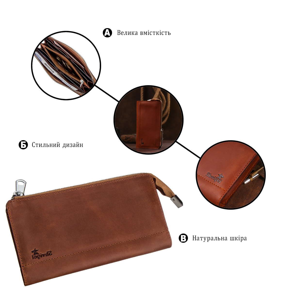 Клатч унисекс кожаный винтаж SHVIGEL Рыжий