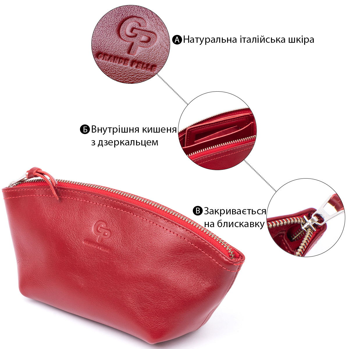 Жіноча косметичка зі шкіри Amelin GRANDE PELLE Червона