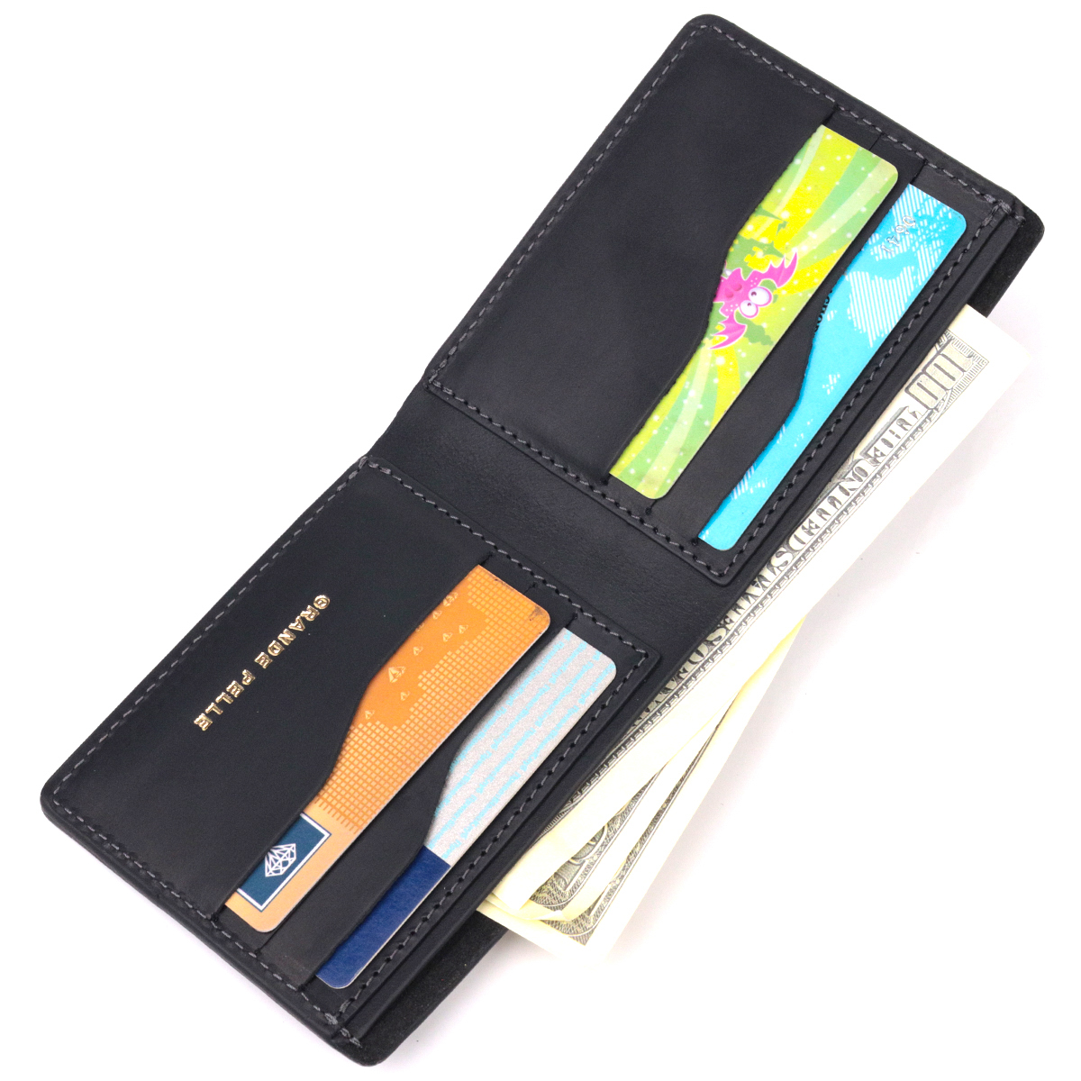 Відмінний шкіряний гаманець без застібки Слава ЗСУ GRANDE PELLE Чорний